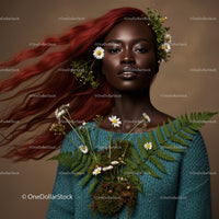 Elegant Portrait of a Woman with Red Hair and Flowers in Brown Background