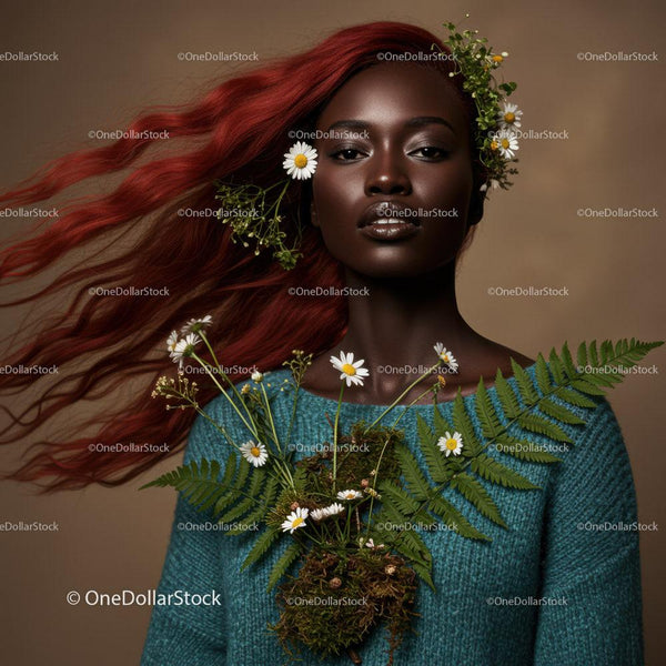 Elegant Portrait of a Woman with Red Hair and Flowers in Brown Background