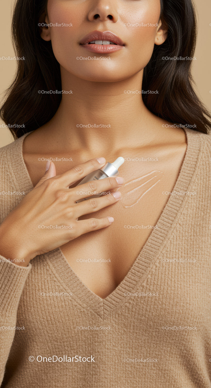 Zbliżenie kobiety nakładającej serum do pielęgnacji skóry, które podkreśla zdrową, nieskazitelną cerę