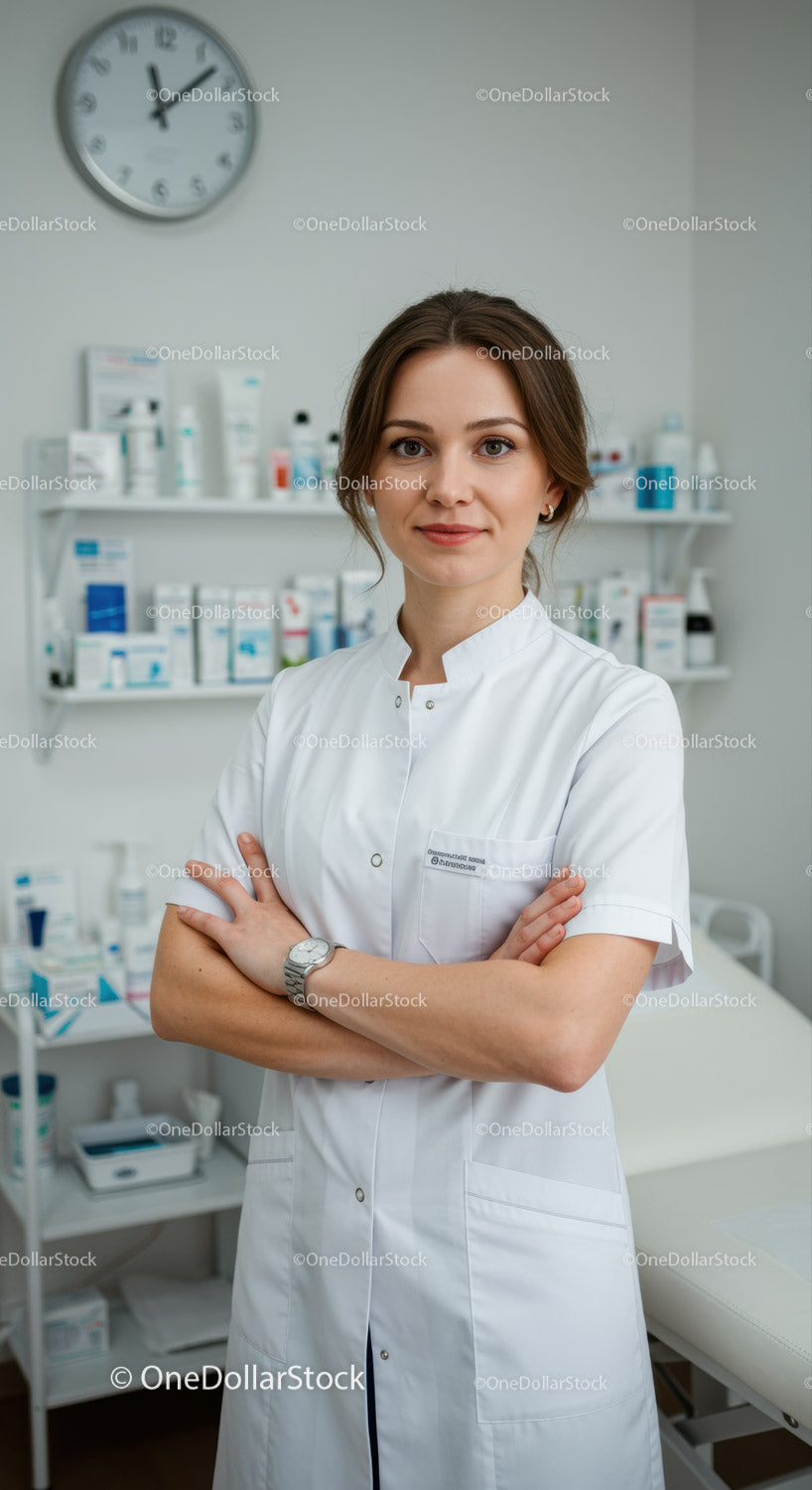 Pracownica służby zdrowia stojąca w klinice z zaopatrzeniem medycznym