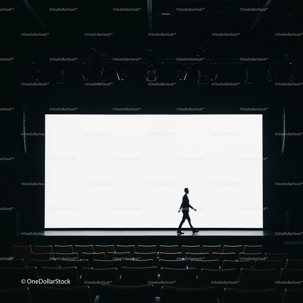 Silhouette of man walking across empty theater stage JPG Mockup Image