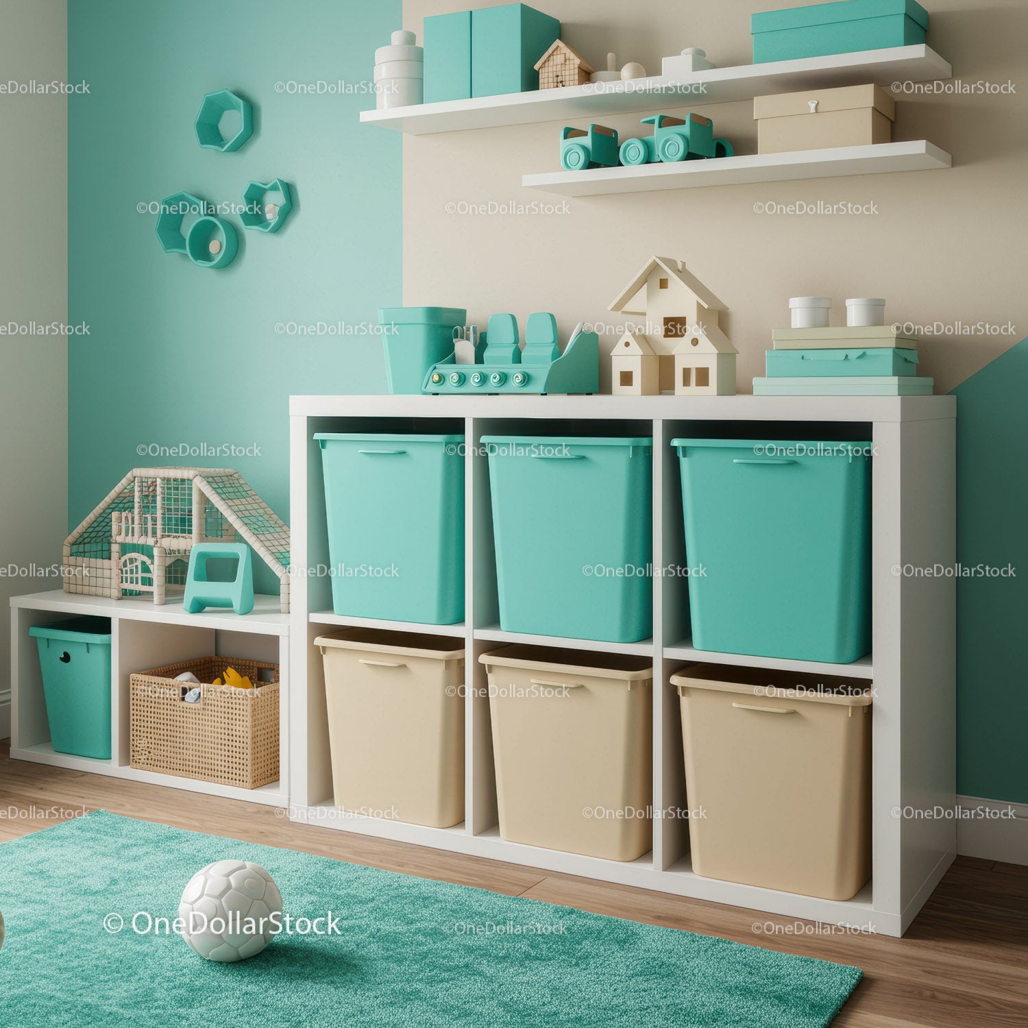 Stylish Children's Toy Storage Solution with Pastel Bins and Shelves