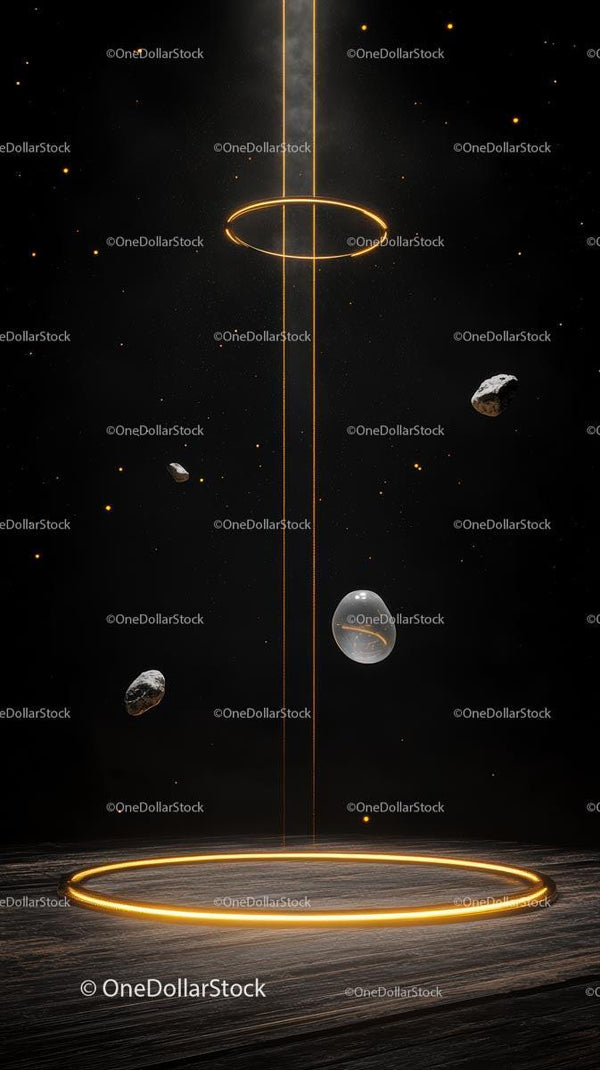 Futurystyczna scena kosmiczna z świecącym pierścieniem i asteroidami