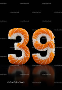 Number 39 crafted from sushi rice and salmon slices