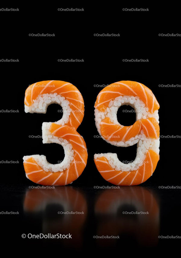 Number 39 crafted from sushi rice and salmon slices
