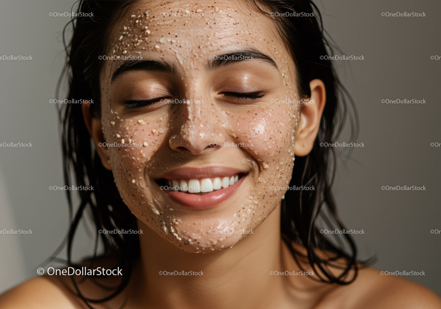 Woman with Face Mask in Skincare Routine on Neutral Background