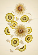 Golden kiwi slices with soft beige flower petals