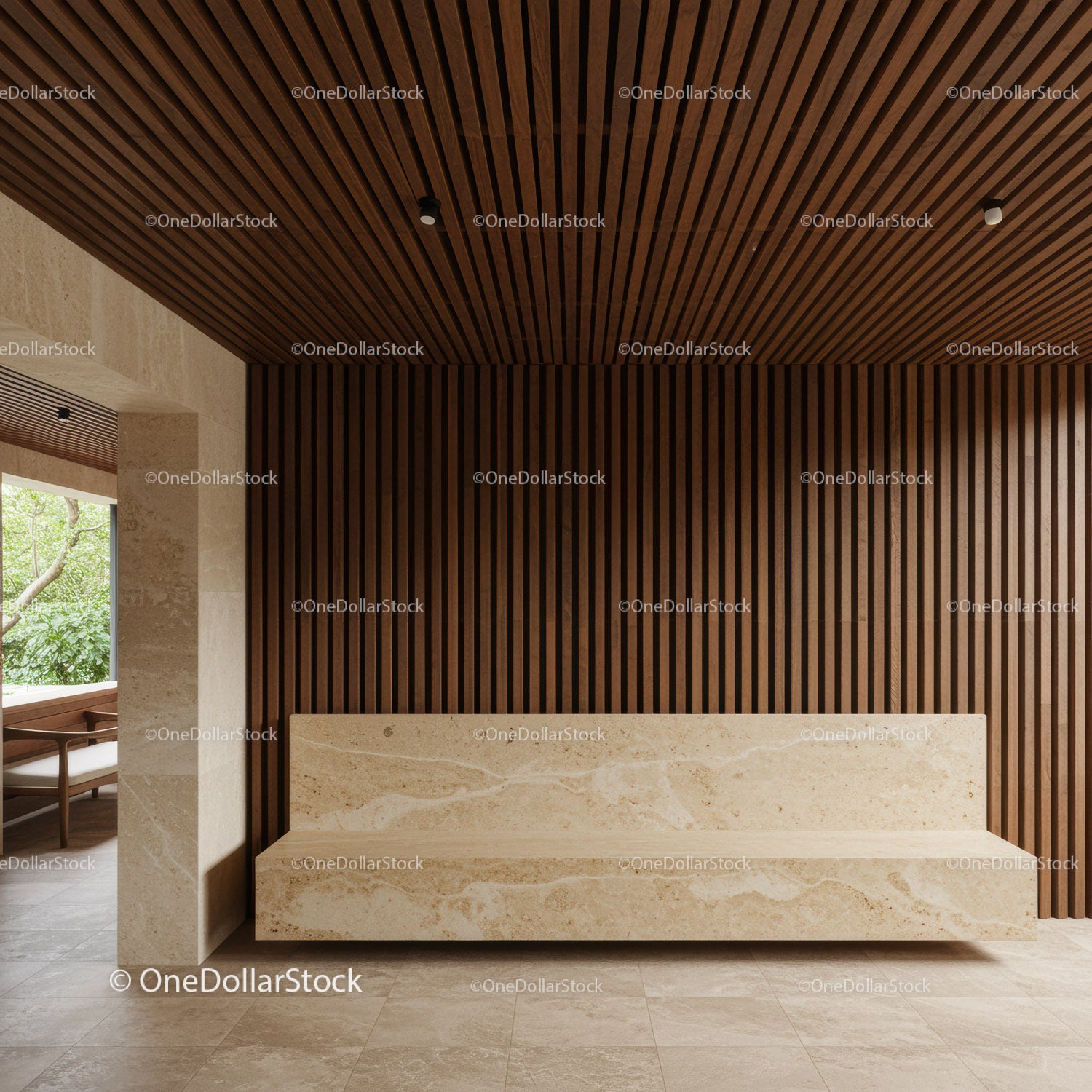Modern Lobby with Wooden Wall Paneling and Elegant Beige Marble Bench