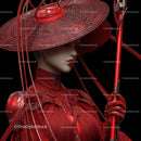 Futuristic Samurai in Neon Red Armor Holding Umbrella