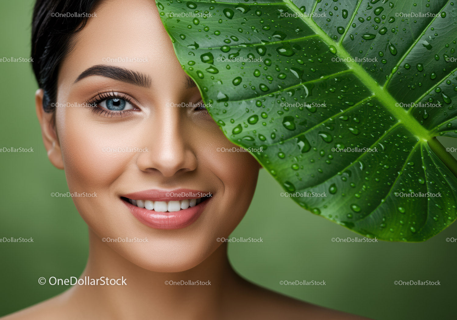 Beautiful Woman with Water Droplets and Tropical Leaf Close-Up