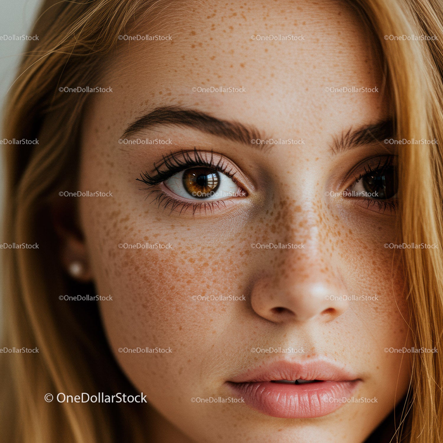 Close up portrait of young woman with freckles