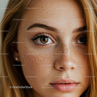 Close up portrait of young woman with freckles
