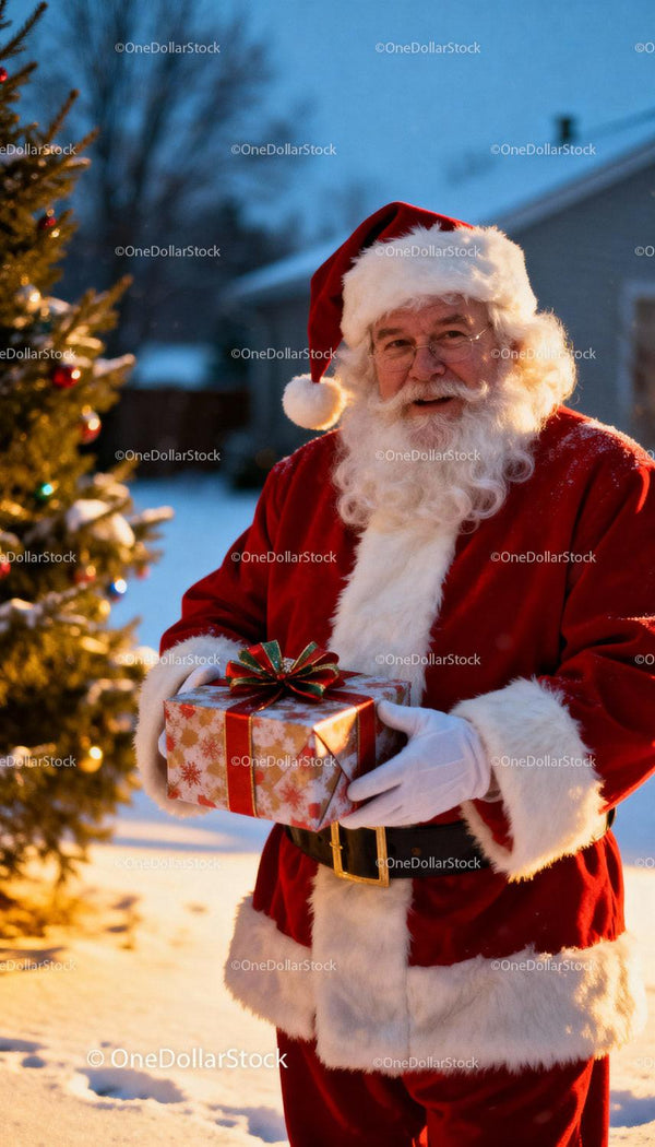 Santa Claus Holding Gift Box by Decorated Christmas Tree