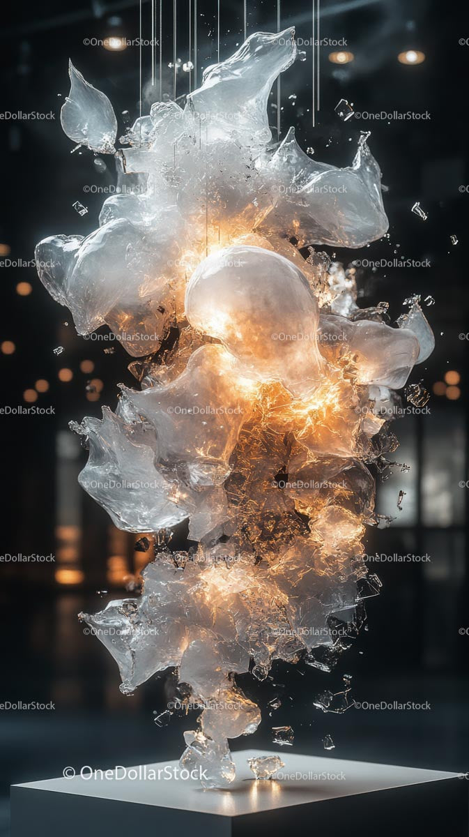 Ice Explosion Sculpture with Fiery Glow in Modern Art Display