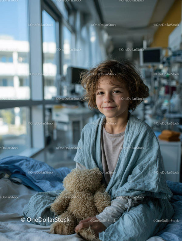 Smiling Young Boy Sitting in Hospital Bed Holding Teddy Bear