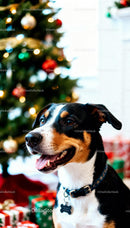 Happy dog sitting near Christmas tree and gifts