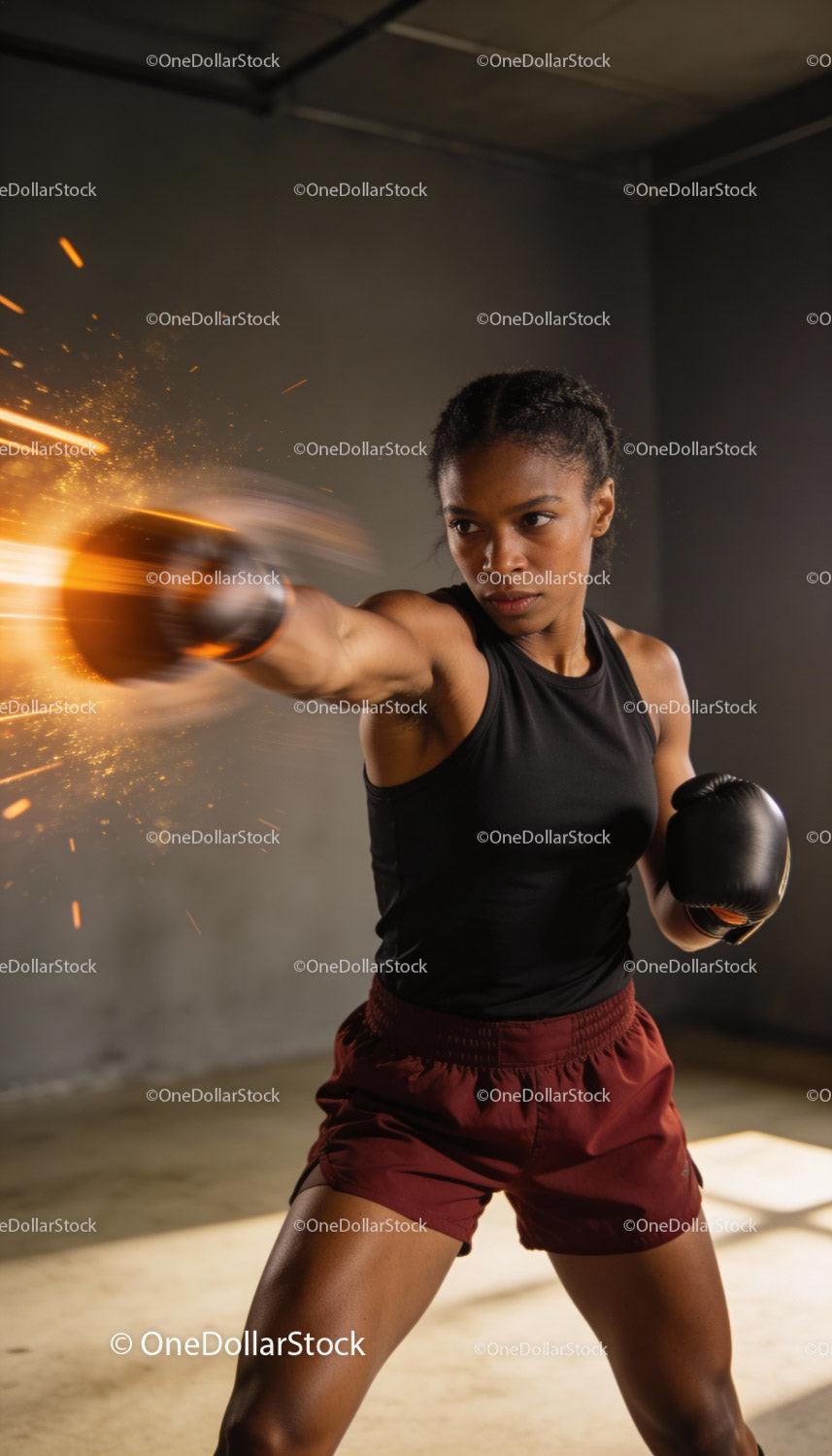 Focused female boxer delivering a powerful punch