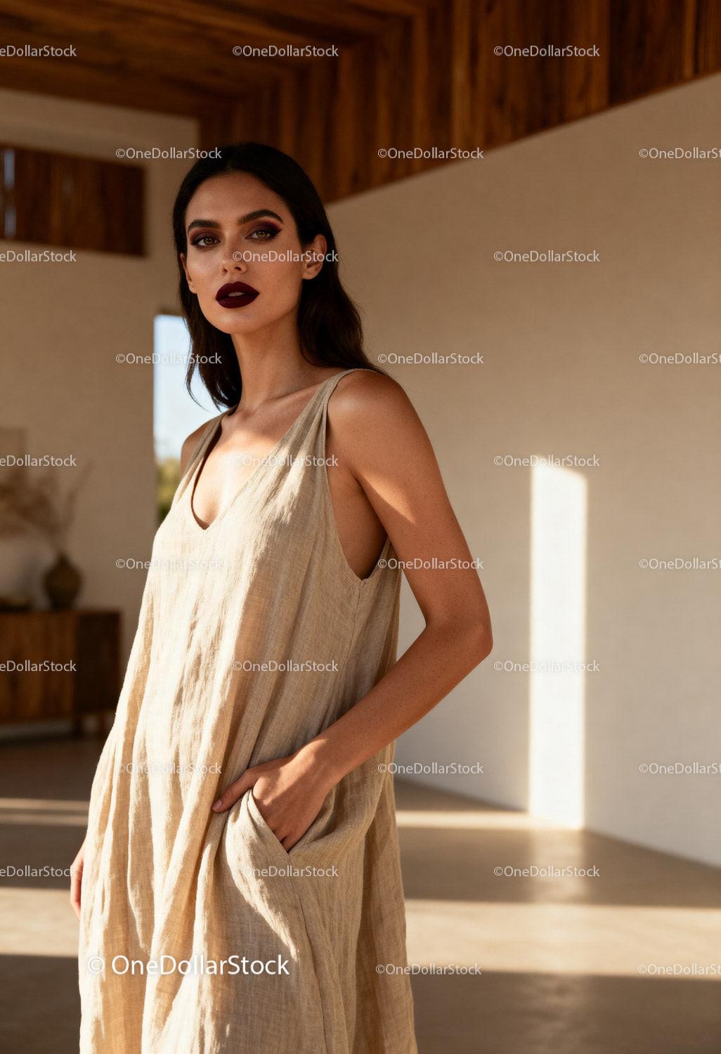 Confident woman in loose beige dress with dark lipstick