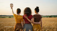 Three Women in Wheat Field at Sunset with Apple and Mask