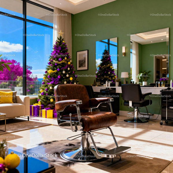 Modern Salon Interior with Festive Christmas Tree