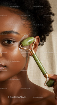 Close-Up of a Woman Using a Jade Roller for Facial Massage and Skin Care