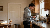 Man Pouring Hot Coffee in Cozy Kitchen at Morning