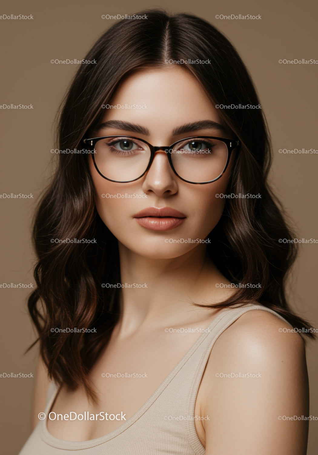 Elegant Young Woman Wearing Glasses with Beautiful Hair and Clear Skin