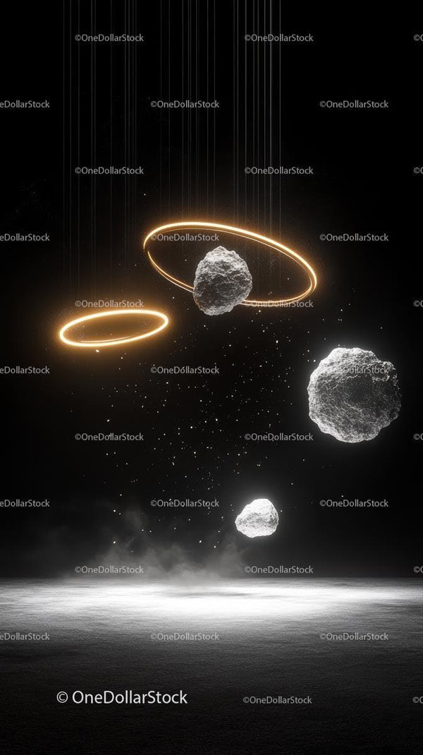 Futuristic Space Scene with Floating Asteroids and Glowing Rings