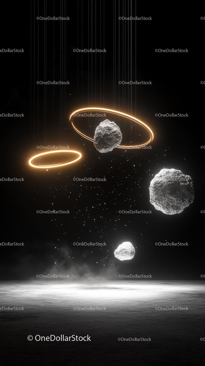 Futurystyczna scena kosmiczna z unoszącymi się asteroidami i świecącymi pierścieniami