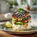 Grilled Chicken Stack with Fresh Vegetables and Rice