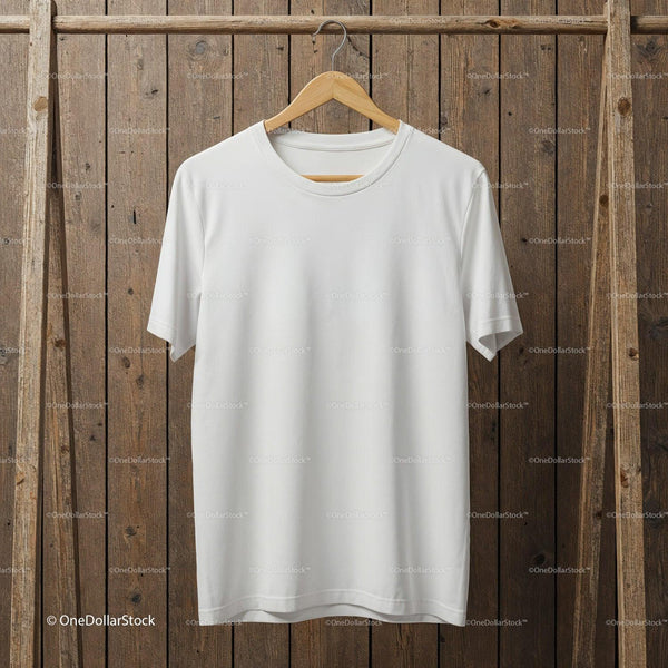 Plain White T-Shirt Hanging on Wooden Background JPG Mockup Image