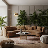 Cozy living room with brown sofa and indoor plants