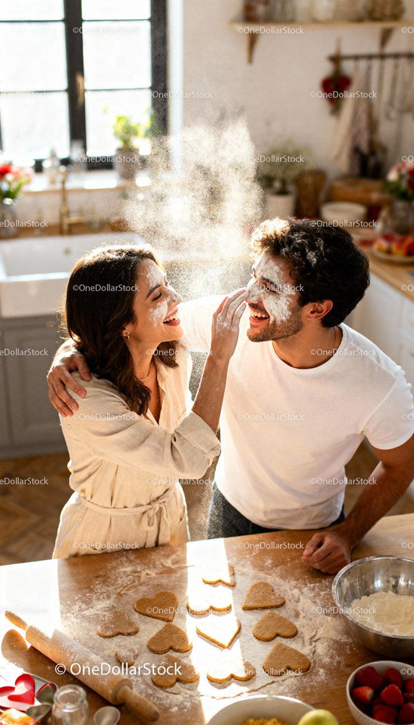 Couple playfully baking heart shaped cookies together