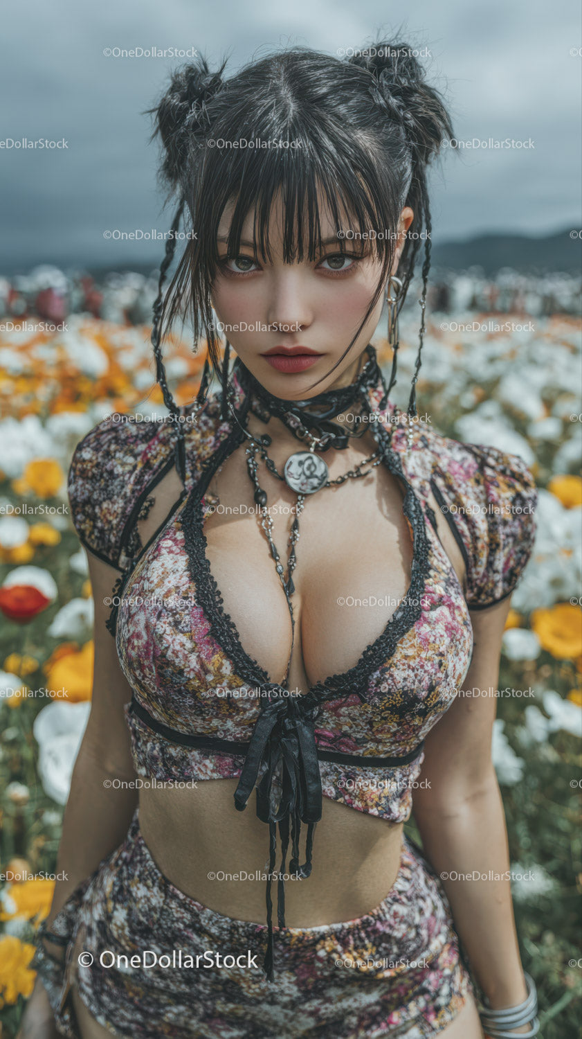Edgy Young Woman in Floral Crop Top with Gothic Accessories