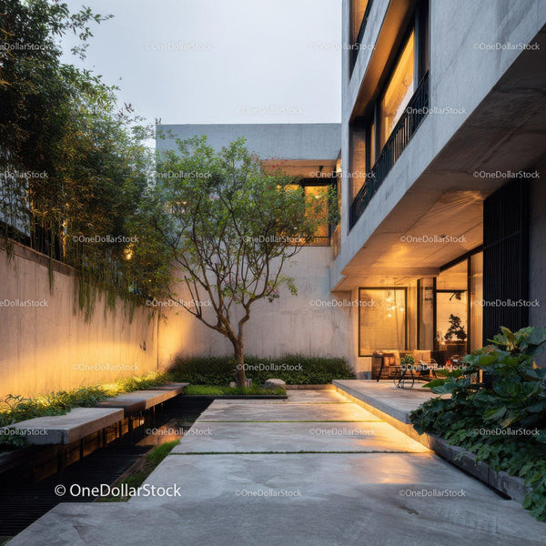 Modern Concrete House with Garden and Balcony in Urban Setting