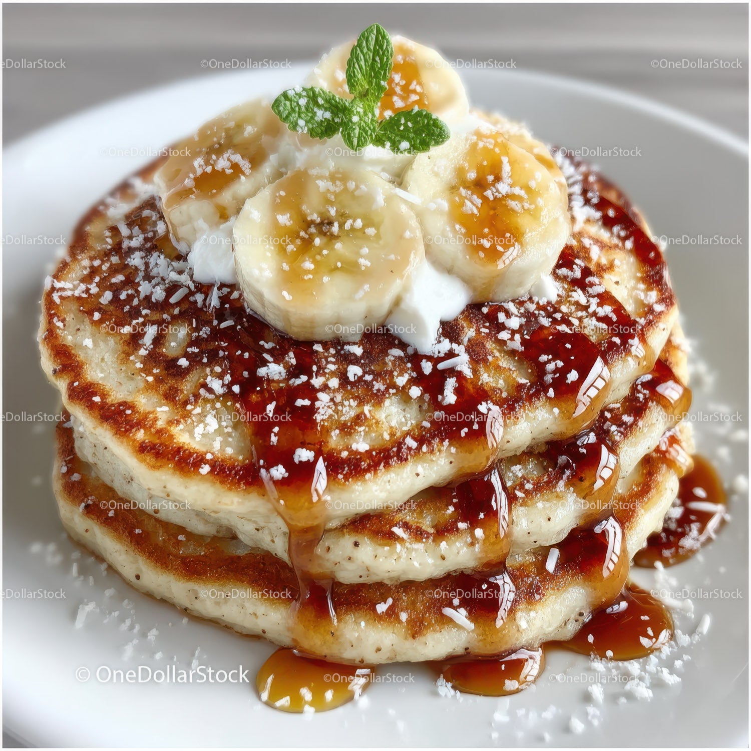 Banana Pancakes with Caramel Syrup and Fresh Banana Slices