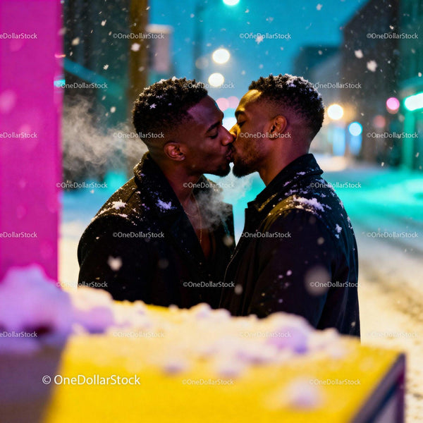 Couple sharing a tender kiss on a snowy city night