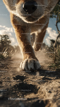 Close-Up of a Running Dog Paws on a Dirt Trail in Nature