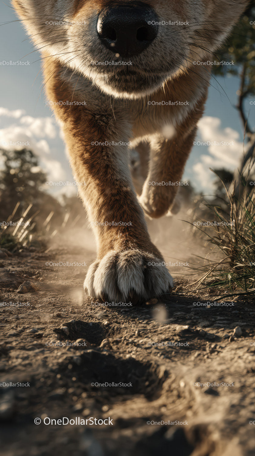 Close-Up of a Running Dog Paws on a Dirt Trail in Nature
