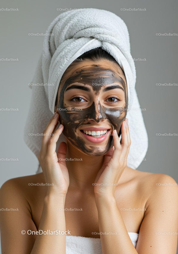 Smiling Woman with Facial Mask and Towel in Spa Setting
