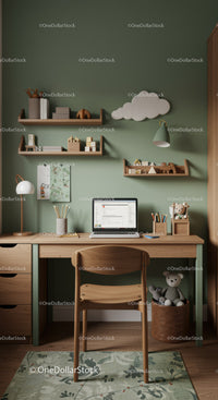Children's Cozy Green Study Desk with Wooden Shelves and Plush Toys