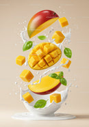 Fresh mango cubes splashing in creamy milk with basil