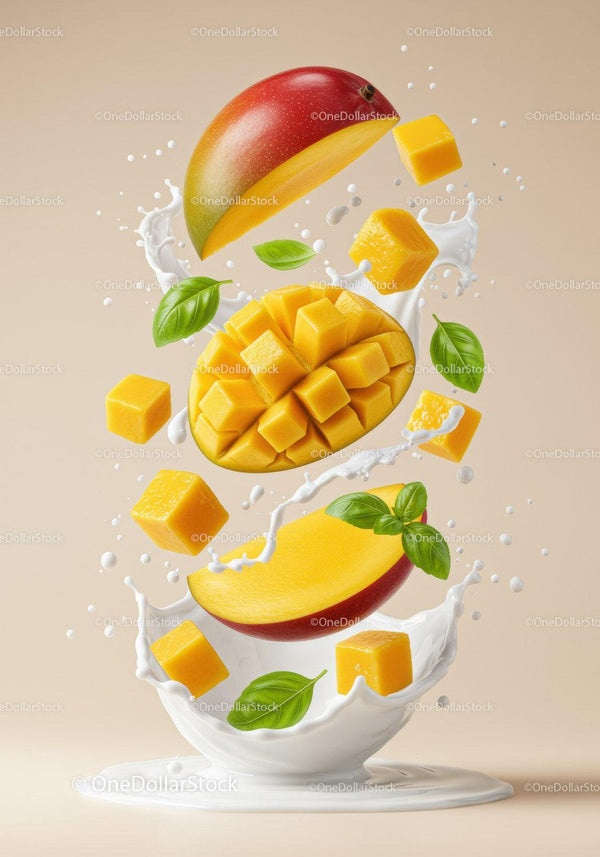 Fresh mango cubes splashing in creamy milk with basil