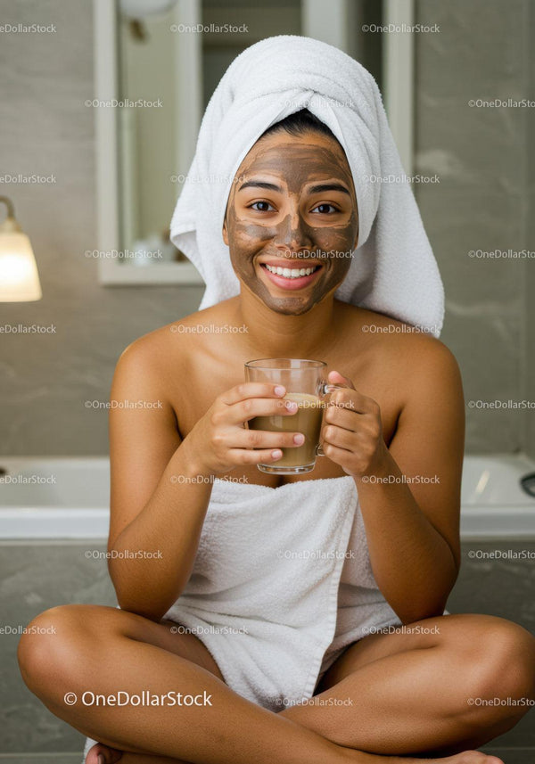 Smiling Woman Relaxing with Facial Mask and Tea at Home