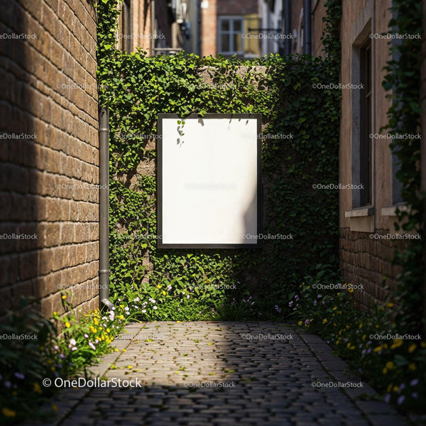 Empty Vertical Billboard on Ivy Covered Wall in Alley JPG Mockup Image
