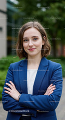 Confident Young Woman in Blue Blazer with Crossed Arms in City