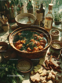 Herb-Seasoned Roast Chicken Cooking in Rustic Kitchen