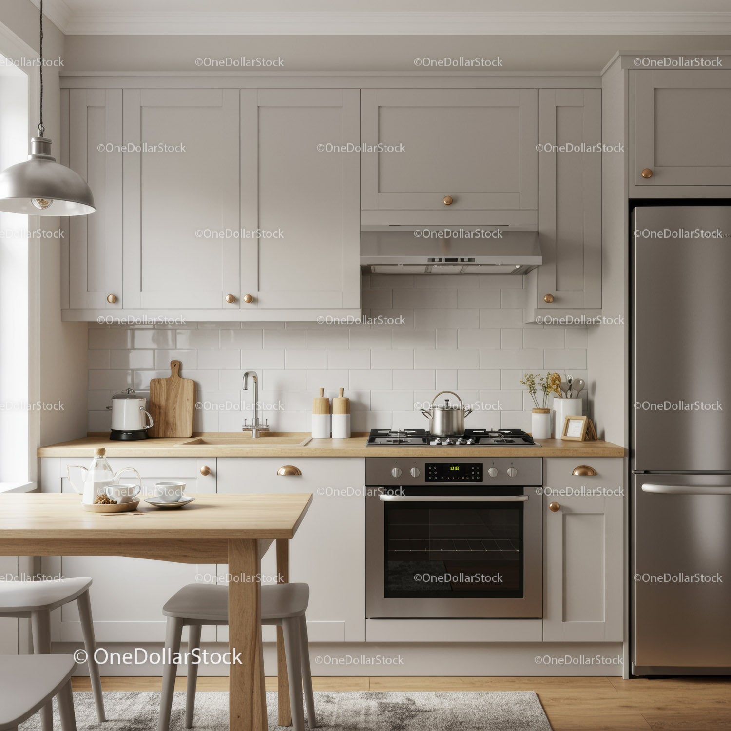 Modern White Kitchen with Wooden Countertop and Stainless Steel Appliances