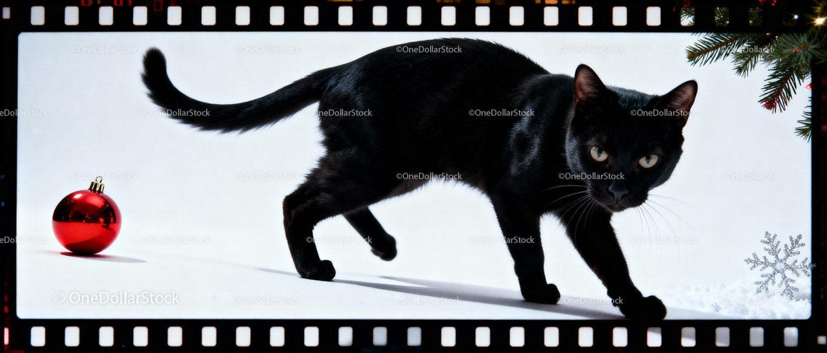 Black Cat Walking Near Christmas Ornament and Pine Branch
