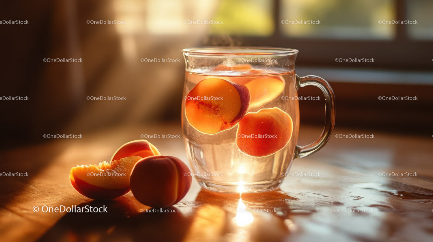 Fresh Peaches in Glass Mug with Water in Warm Morning Light